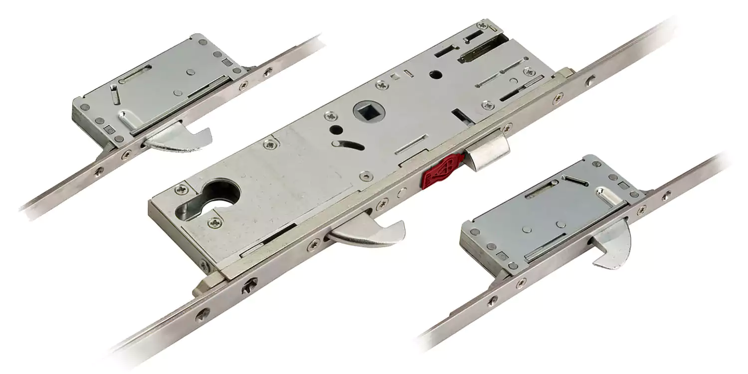 uPVC Door Lock Repair Barnsley set of five removed multi-point locking mechanisms against a new lock mechanism at the top