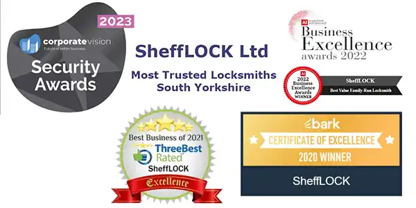 Award winning locksmiths Corporate Vision 2023, Business Excellence 2022, Three Best Rated 2021, Bark 2020